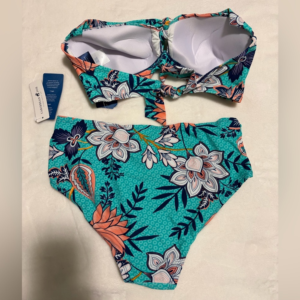 Caribbean Joe Teal & Coral Floral High-Waist Bikini Set - Picture 2 of 5
